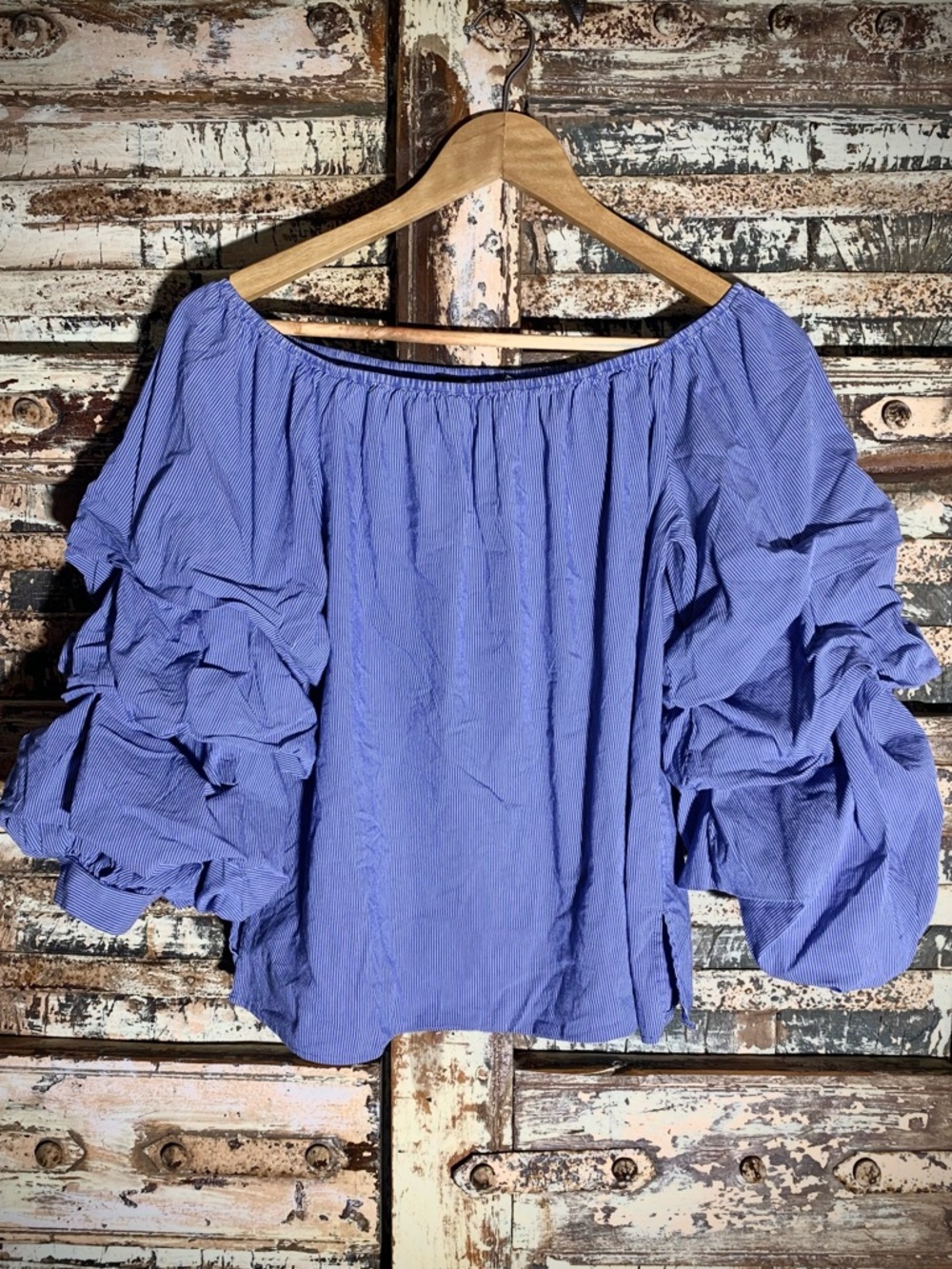 Zara Woman Off The Shoulder Ruffle Puff 3/4 Sleeve Top, Periwinkle Blue, XS